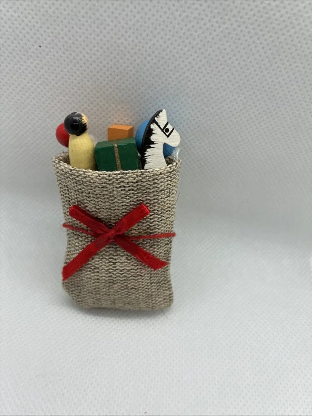 Vintage Miniature Toy Sack Tiered Tray Decor Wooden Toys Christmas Holiday Decor